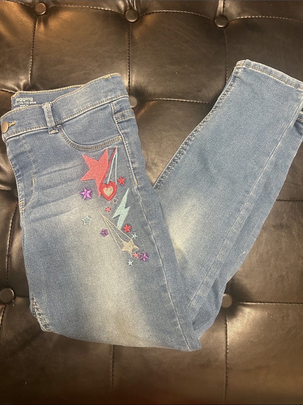 wonder nation Blue Denim Jeggings with Colorful Star & Lightning Embroidery